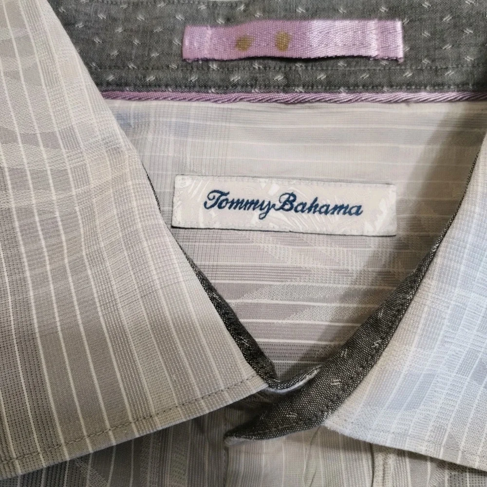 Tommy Bahama Shirt Mens Large Striped Cotton Silk Gray‎ Long Sleeve Flip Cuffs
